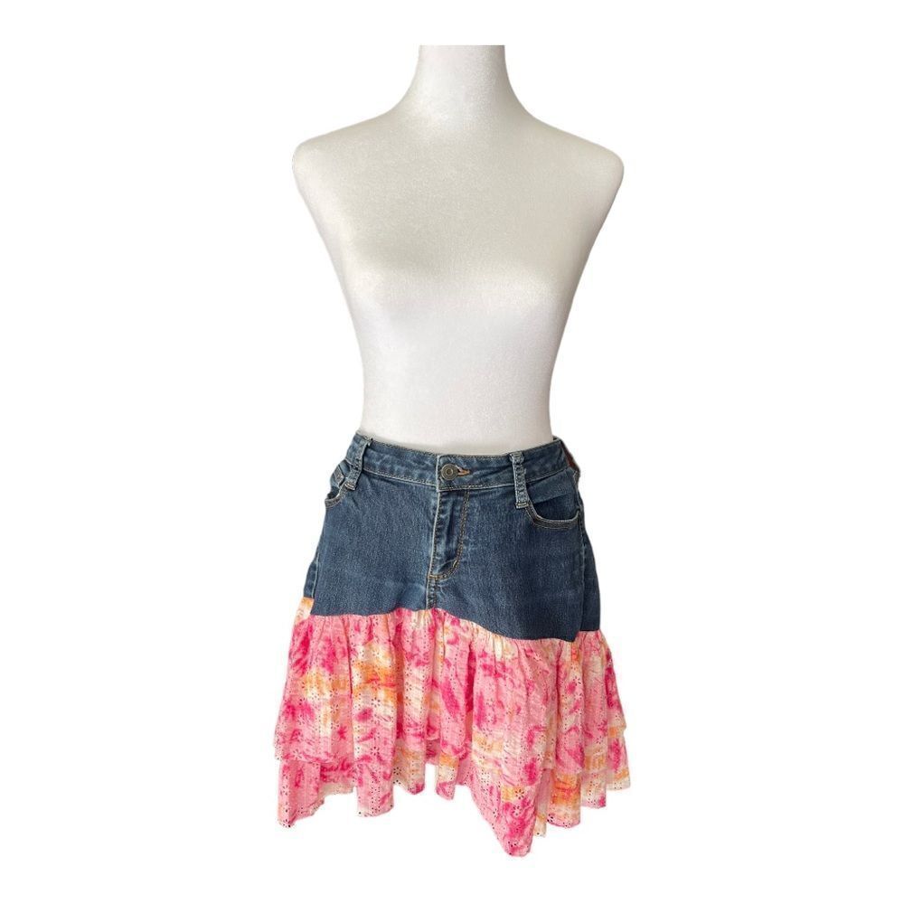 Arizona Jeans Co Western Cowgirl Tiered Print Skirt Denim Upper Juniors Sz 11